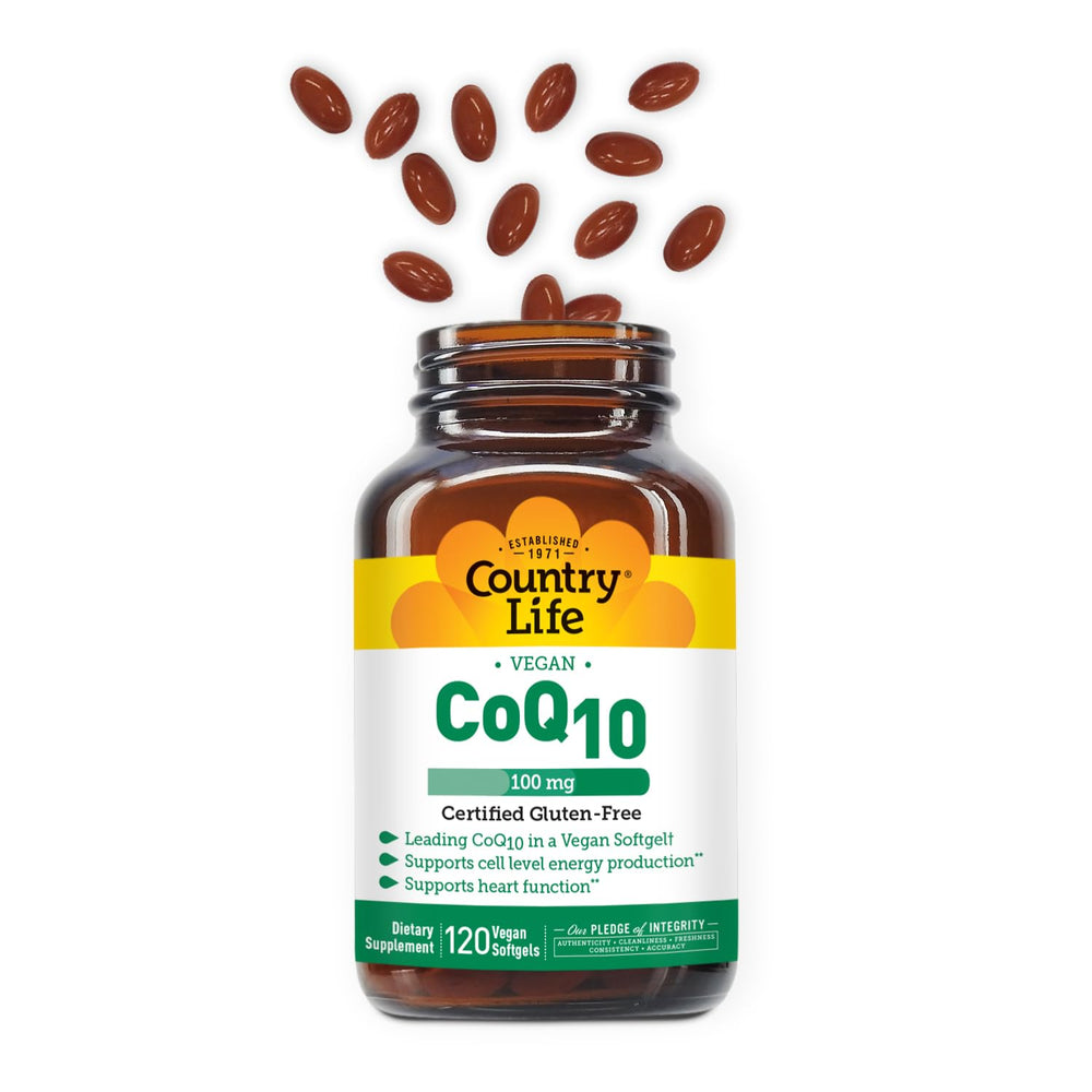 Nutrition facts panel and Country Life branding on CoQ10 bottle