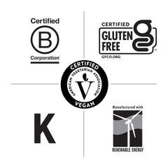 Bottle with packaging showing gluten-free and vegan certifications