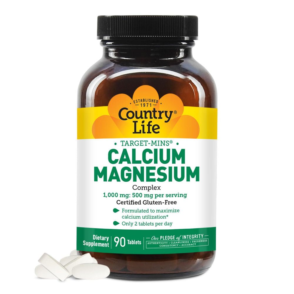 Front view of Country Life Target-Mins Calcium Magnesium Complex bottle, 90 tablets