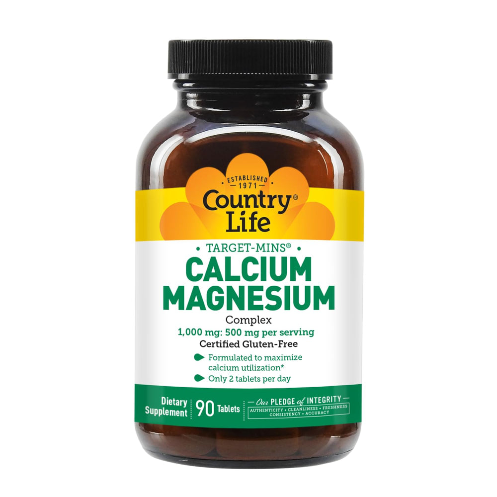 Serving size panel showing 1000mg calcium and 500mg magnesium per serving
