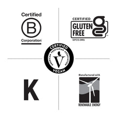 Gluten Free, Vegan, and Non-GMO certification logos