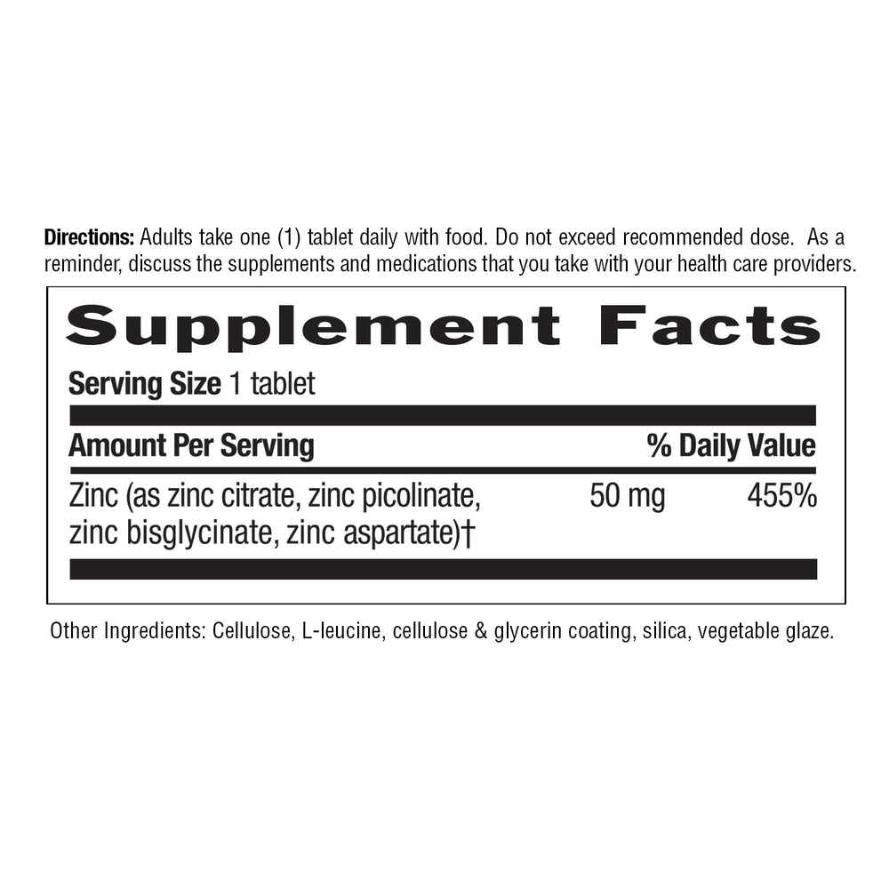 Zinc 50 mg tablets arranged in a row