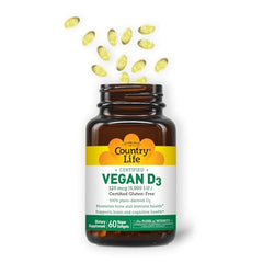 Close-up of D3 5000 IU label showing plant-derived vitamin D3 from lichen