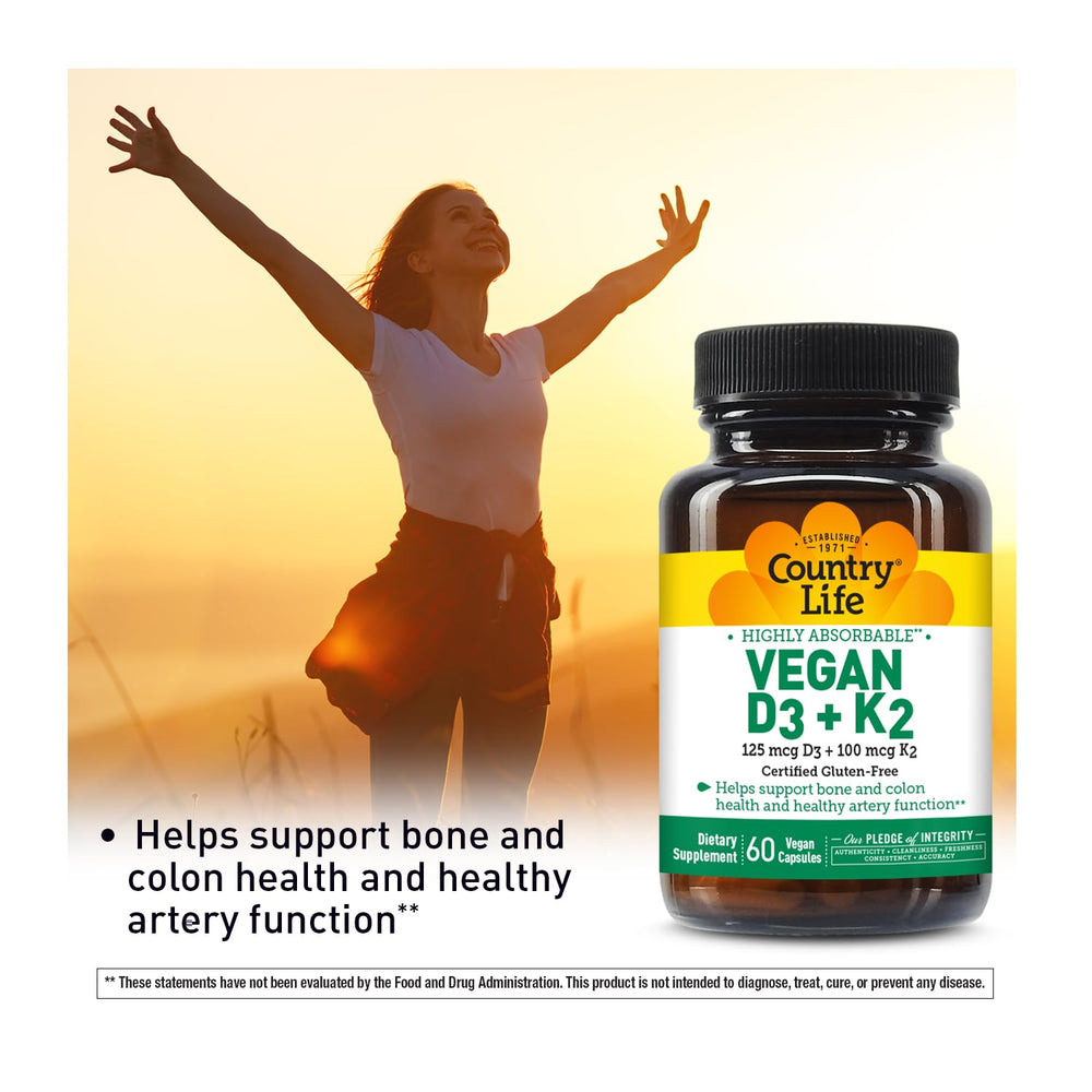 60 vegan capsules inside Country Life D3 + K2 bottle