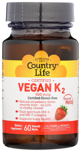 Country Life Vegan Vitamin K2 500 mcg dual spectrum MK-4 MK-7 chewables strawberry label close-up