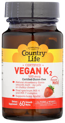 Country Life Vegan Vitamin K2 500 mcg dual spectrum MK-4 MK-7 chewables strawberry label close-up