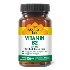 Front view of Country Life Vitamin B2 100mg bottle with label