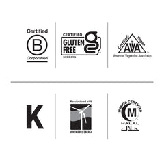 Certification logos for gluten free, vegan and halal