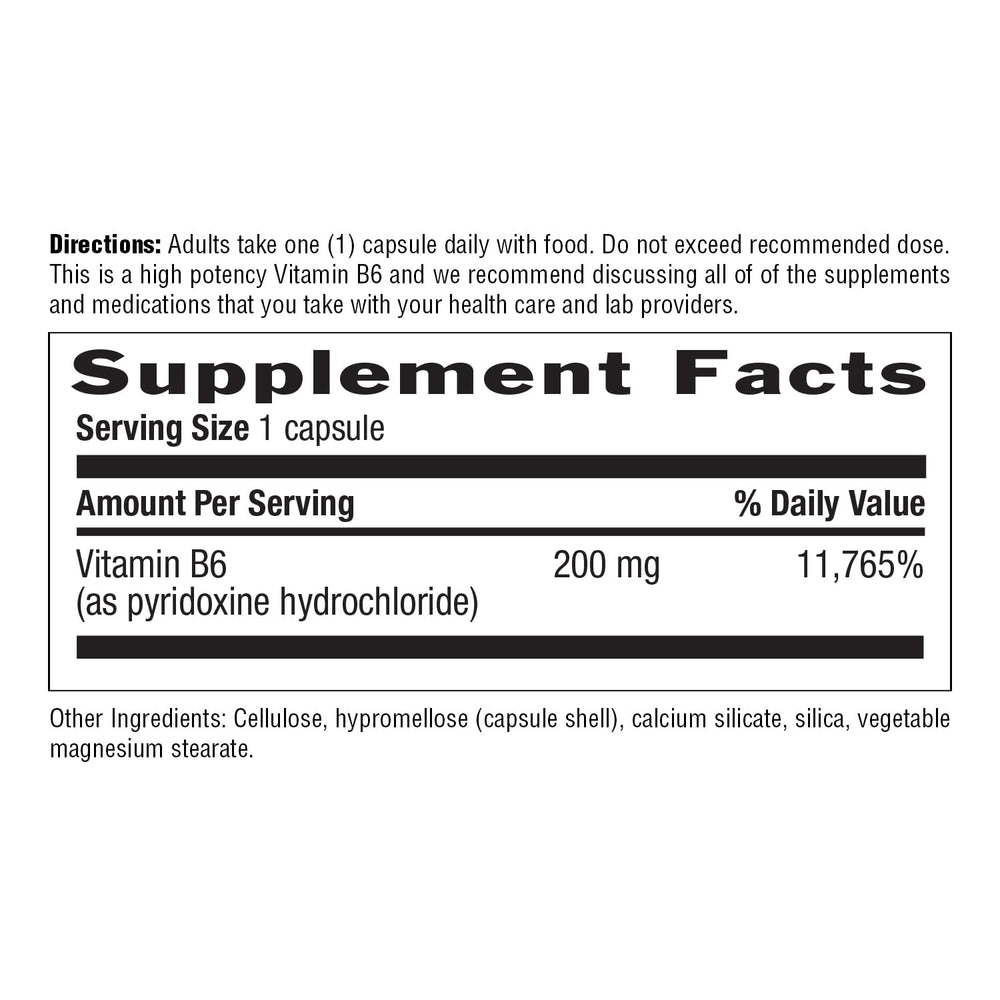 Nutrition facts panel for Vitamin B-6 supplement