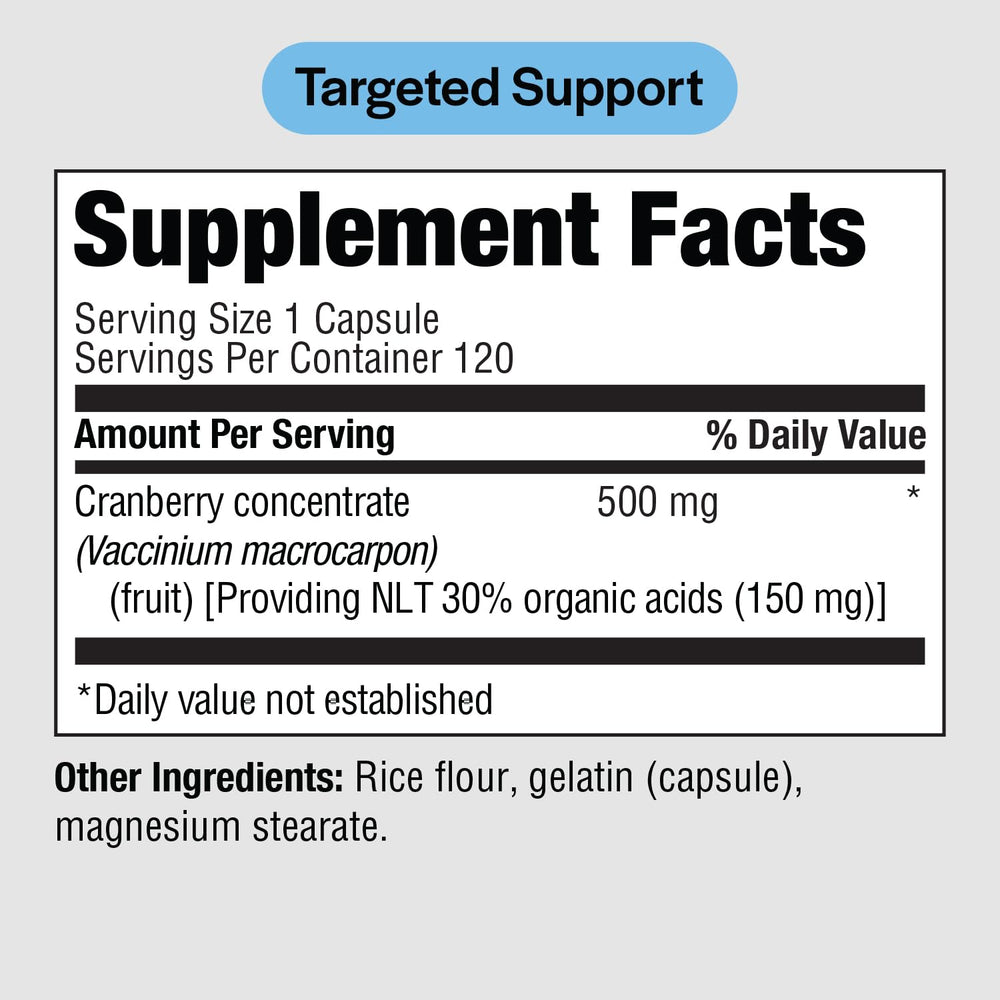 Cranberry 500 mg capsules packaging and bottle label