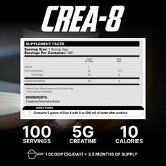 Back label with ingredients and nutrition facts for CREA-8