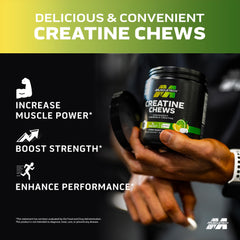 Close-up of MuscleTech Creatine Chews showing 3g Creapure per serving