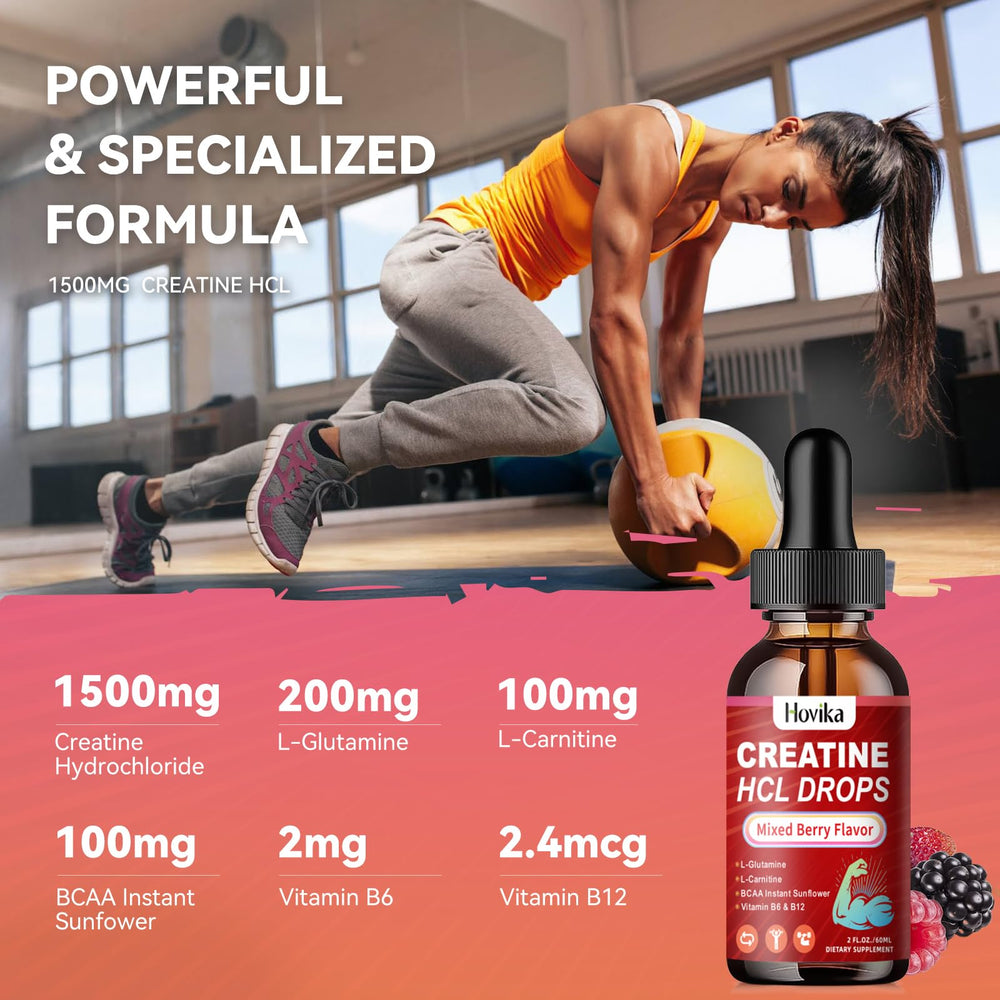 Close-up of Creatine HCL liquid drops bottle with berry flavor