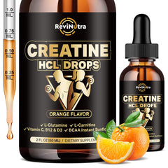 Creatine HCl liquid drops bottle with orange flavor label