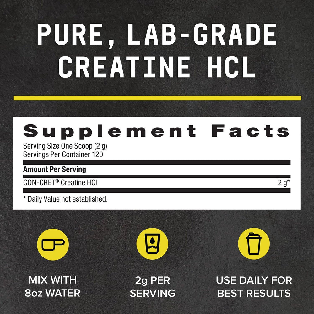 Container displaying 120 servings of Creatine HCl powder