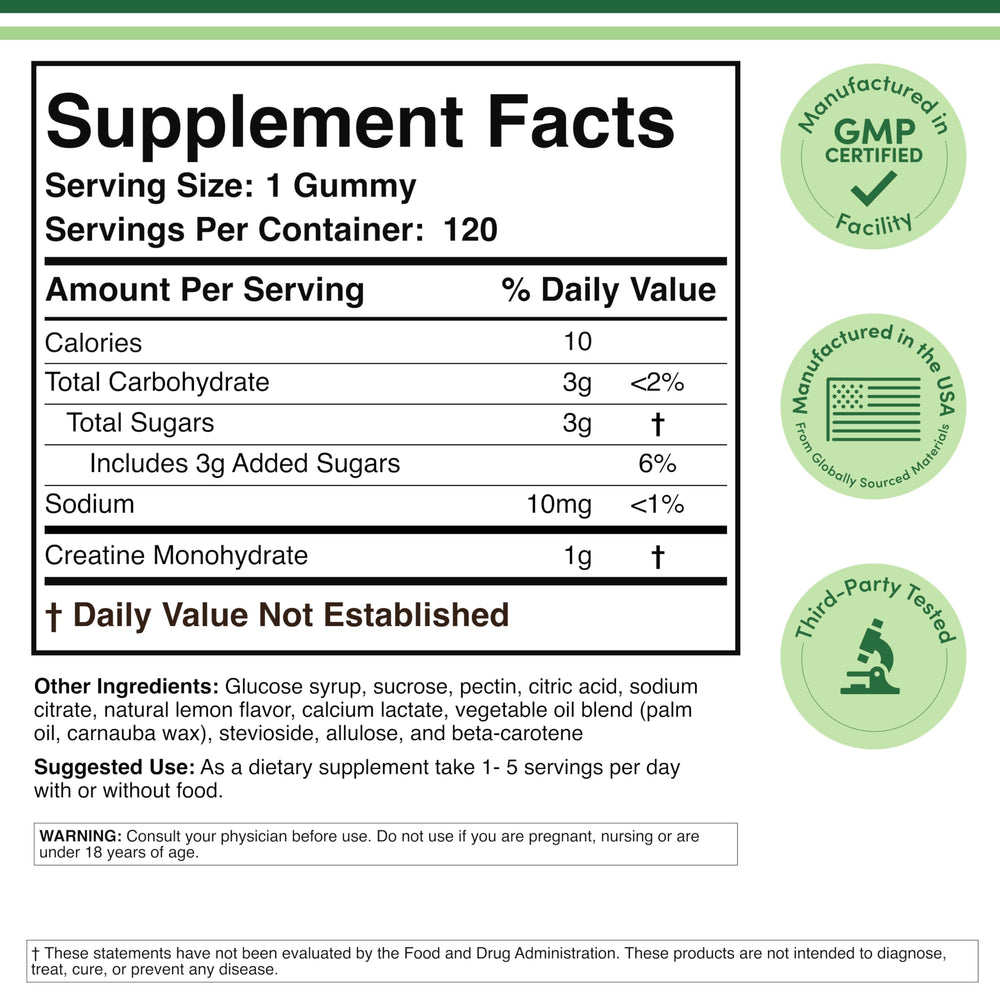 Close-up of a single 1g Creatine Monohydrate gummy