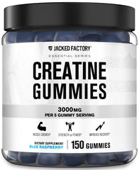 Bottle of Jacked Factory Creatine Monohydrate Gummies Blue Raspberry, 150-count