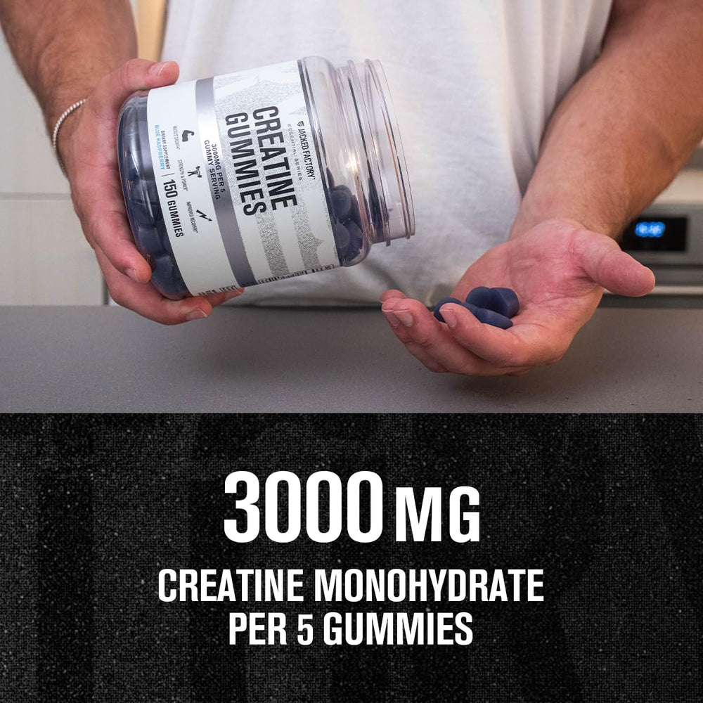 Open bottle showing five gummies representing a 3000mg serving