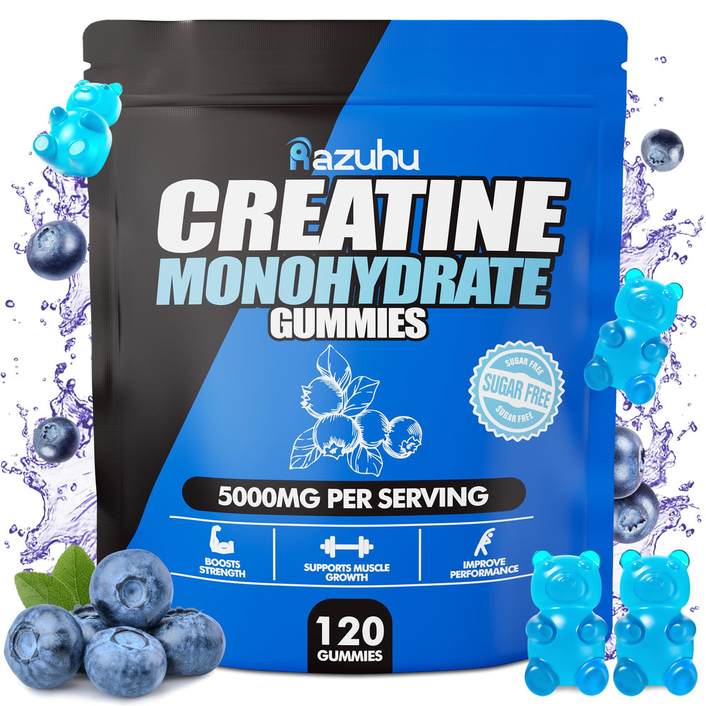 Front view of blueberry-flavored creatine monohydrate gummies bottle (120-count)
