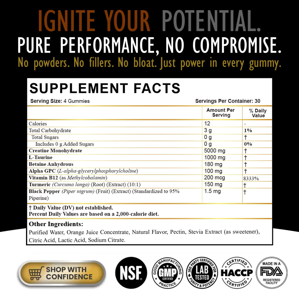 Back label with nutrition and ingredients for Creatine Monohydrate Gummies