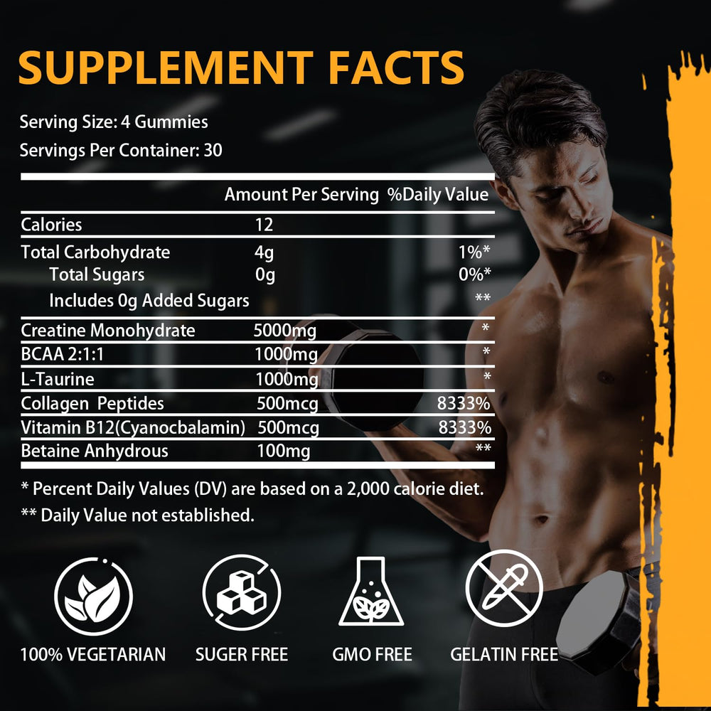 Key ingredients listed on container: creatine monohydrate, BCAA, L-Taurine, Vitamin B12
