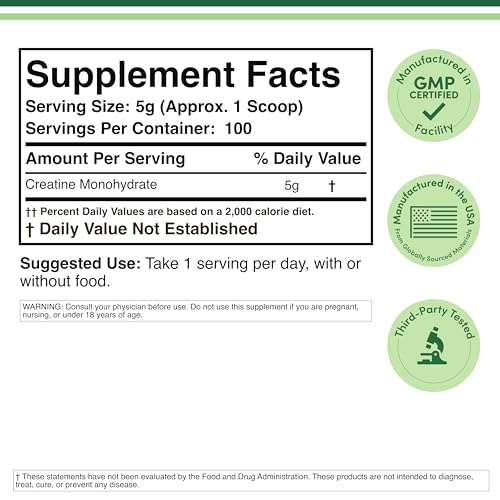 Scoop of creatine powder with 5 g serving label