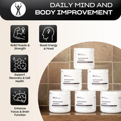 Scoop of micronized creatine powder in a serving jar