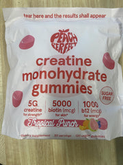 Bottle showing 5g creatine monohydrate per serving with 5000mcg biotin and 1000mcg B12