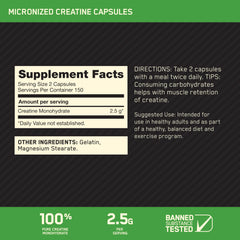 Creatine Monohydrate capsules with 2,500 mg per serving