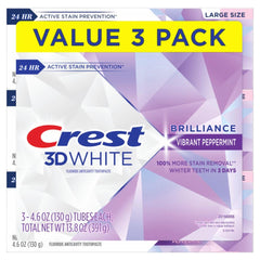 Front view of Crest 3D White Brilliance Peppermint toothpaste tube