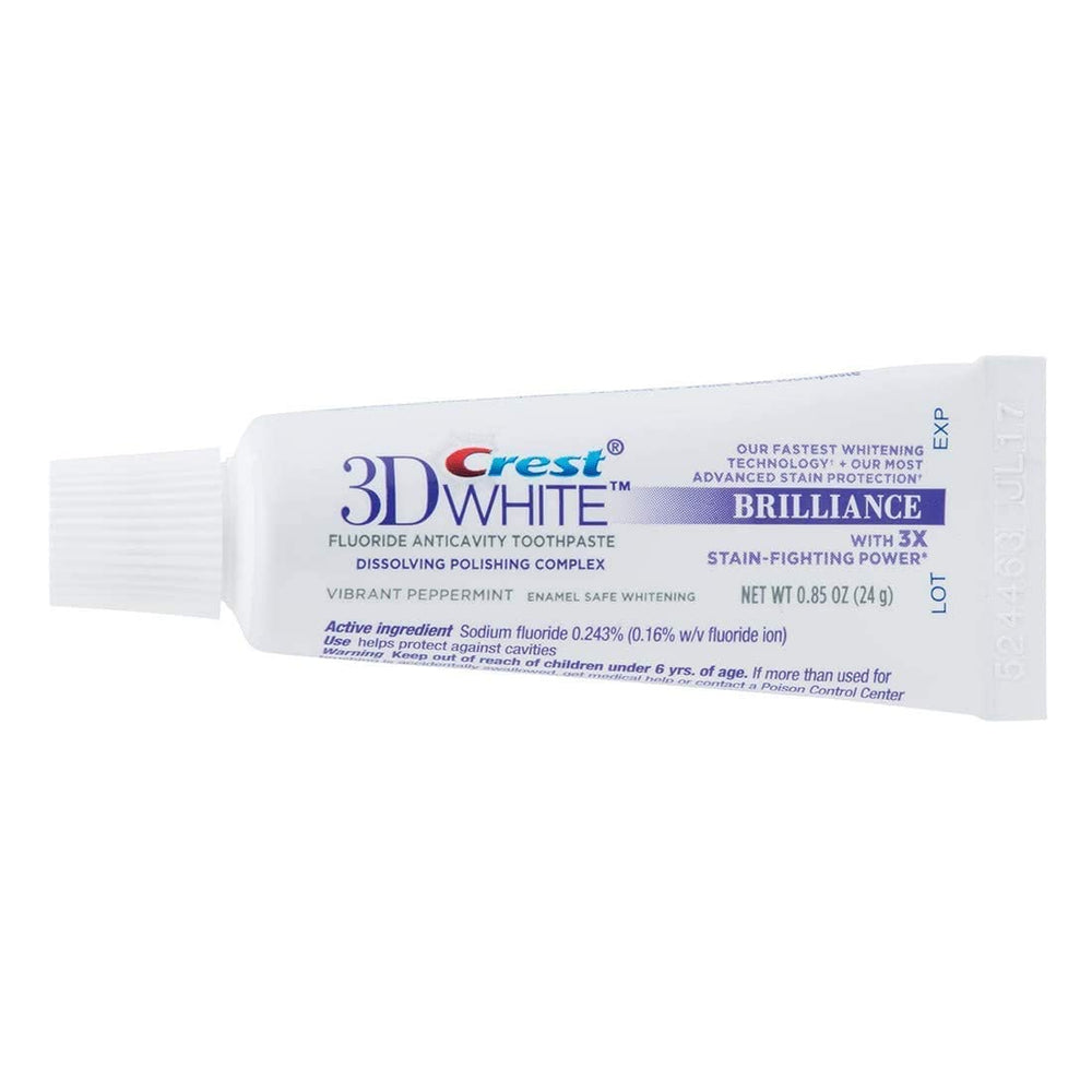Three Crest 3D White Brilliance Vibrant Peppermint toothpaste tubes (12-pack) on white background