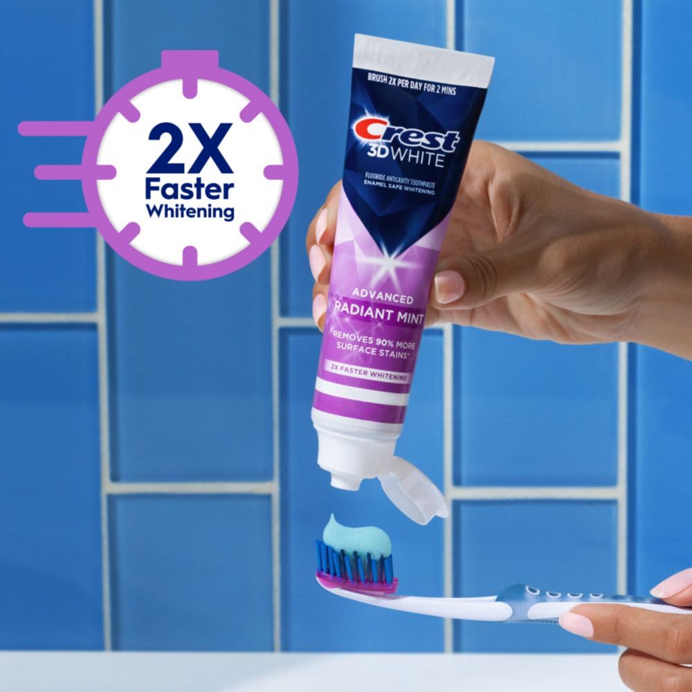 Three toothpaste tubes stacked together for Crest 3D White Radiant Mint