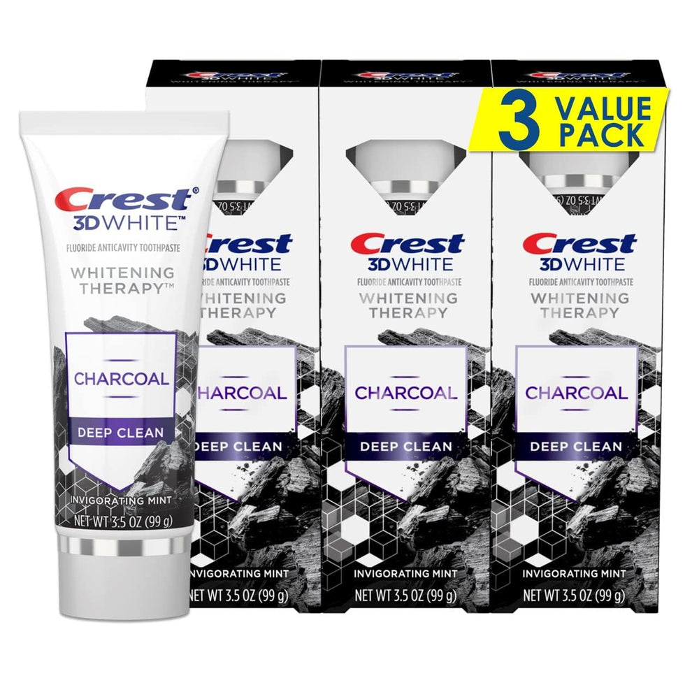 Three Crest 3D White Whitening Therapy Charcoal deep clean toothpaste tubes in a pack