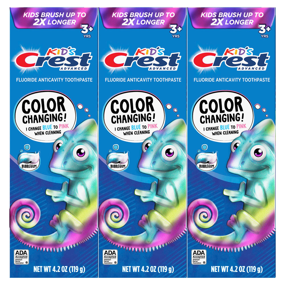 3-count carton of Crest Advanced Kid's Fluoride Toothpaste