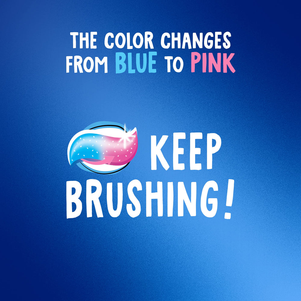 Illustration of color-changing toothpaste changing from blue to pink after brushing