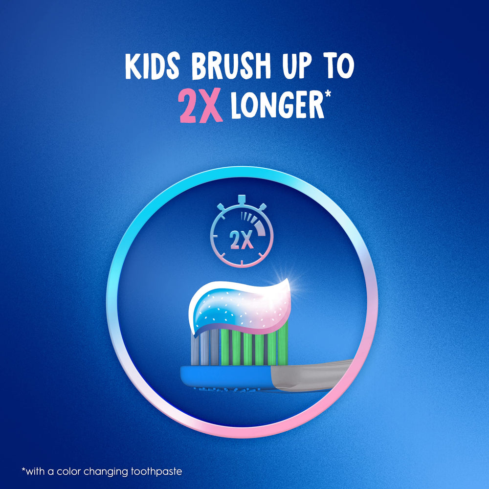 Children brushing their teeth with Crest color-changing toothpaste
