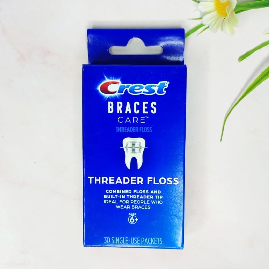 Close-up packaging of Crest Braces Care Threader Floss 30-pack