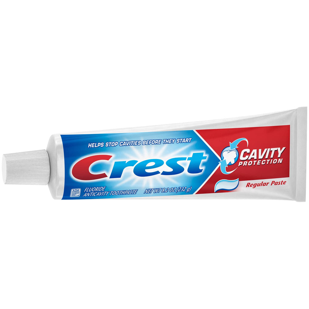 Top-down view of Crest toothpaste tilted to show size