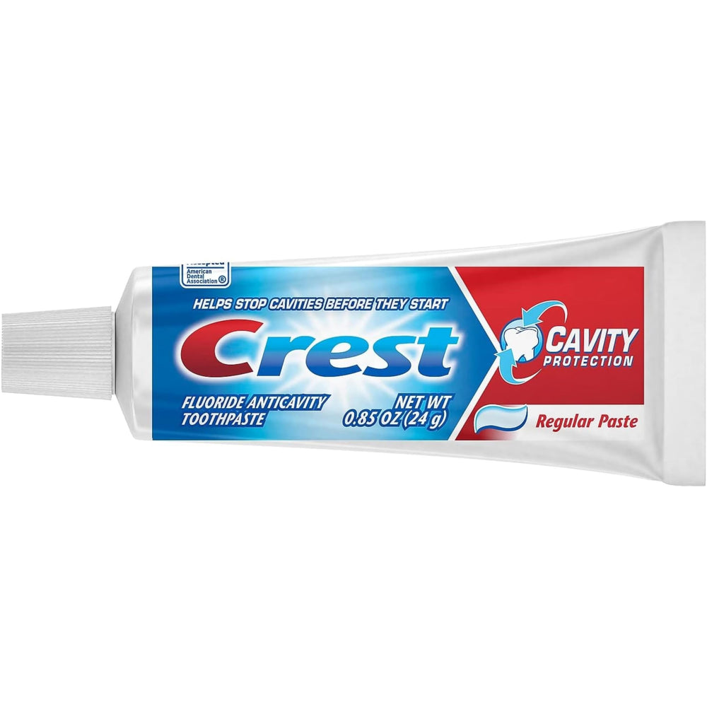 Side view of Crest travel-size toothpaste pack with 12 tubes