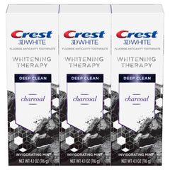 Crest Charcoal 3D White Toothpaste packaging and tube showing deep clean mint formula