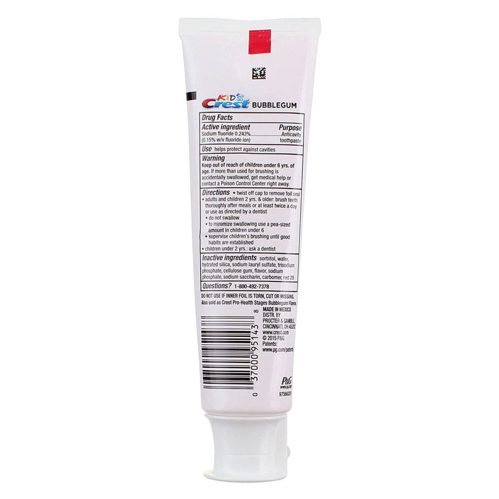 Fluoride anticavity label on Crest Kids toothpaste tube