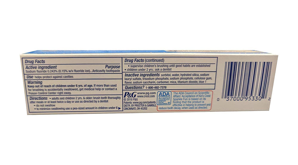 Close-up of Crest Kids Toothpaste 3-Pack tubes for cavity protection