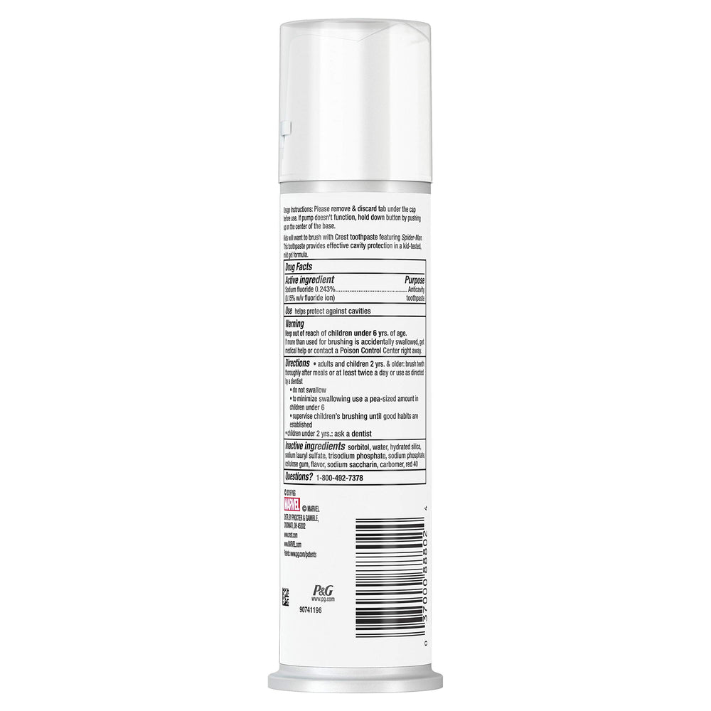 Front packaging of Crest Kids Toothpaste Pump featuring Spider-Man