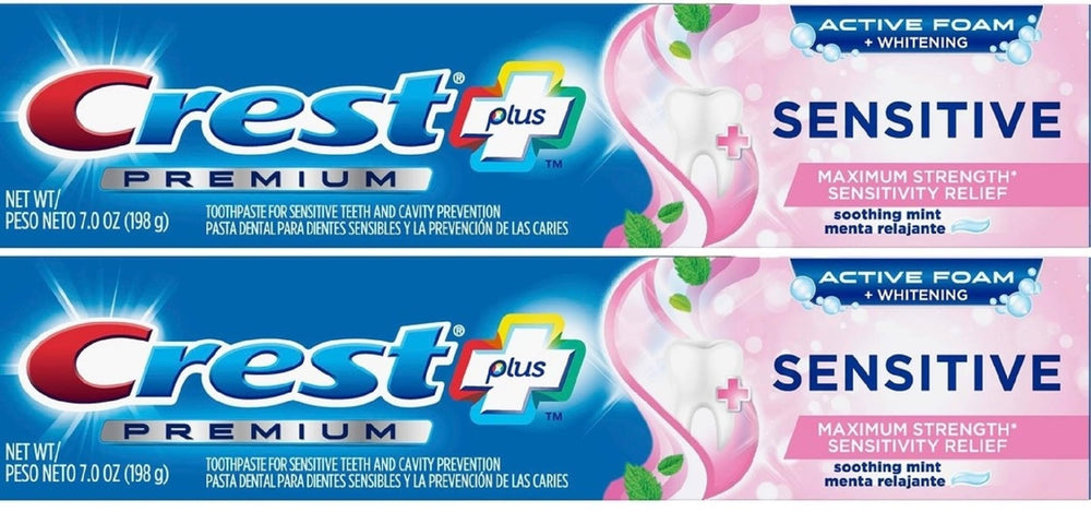 Crest Premium Plus Sensitive Toothpaste Active Foam Whitening packaging with 7oz tubes (Pack of 2)