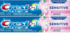 Crest Premium Plus Sensitive Toothpaste Active Foam Whitening packaging with 7oz tubes (Pack of 2)