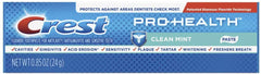 Close-up of Crest Pro Health Clean Mint toothpaste travel size 0.85 oz tube label