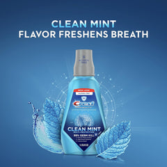 Mint leaves beside Crest Pro-Health Mouthwash bottle