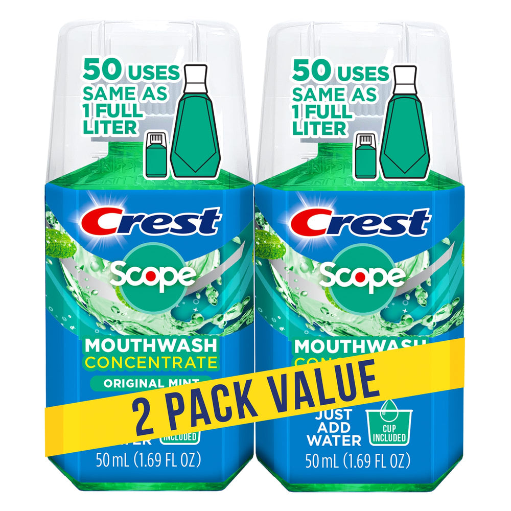 Two travel-size Crest Scope concentrate bottles side by side