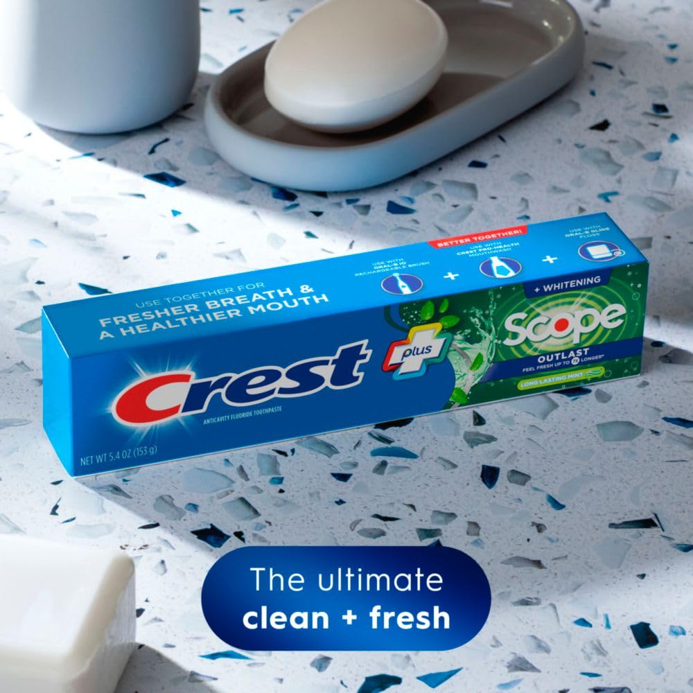 Mint toothpaste packaging with Crest and Scope branding