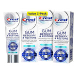 Front view of Crest Pro-Health Gum Detoxify and Restore toothpaste tubes, 3.5 oz each, pack of 3